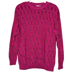 Vintage 80s Ann Hill Magenta & Black Knit Sweater-Sparkle Threaded Detail Size L